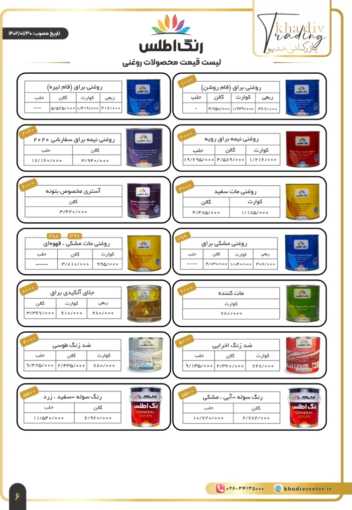 لیست قیمت محصولات رنگ اطلس - رنگ اطلس