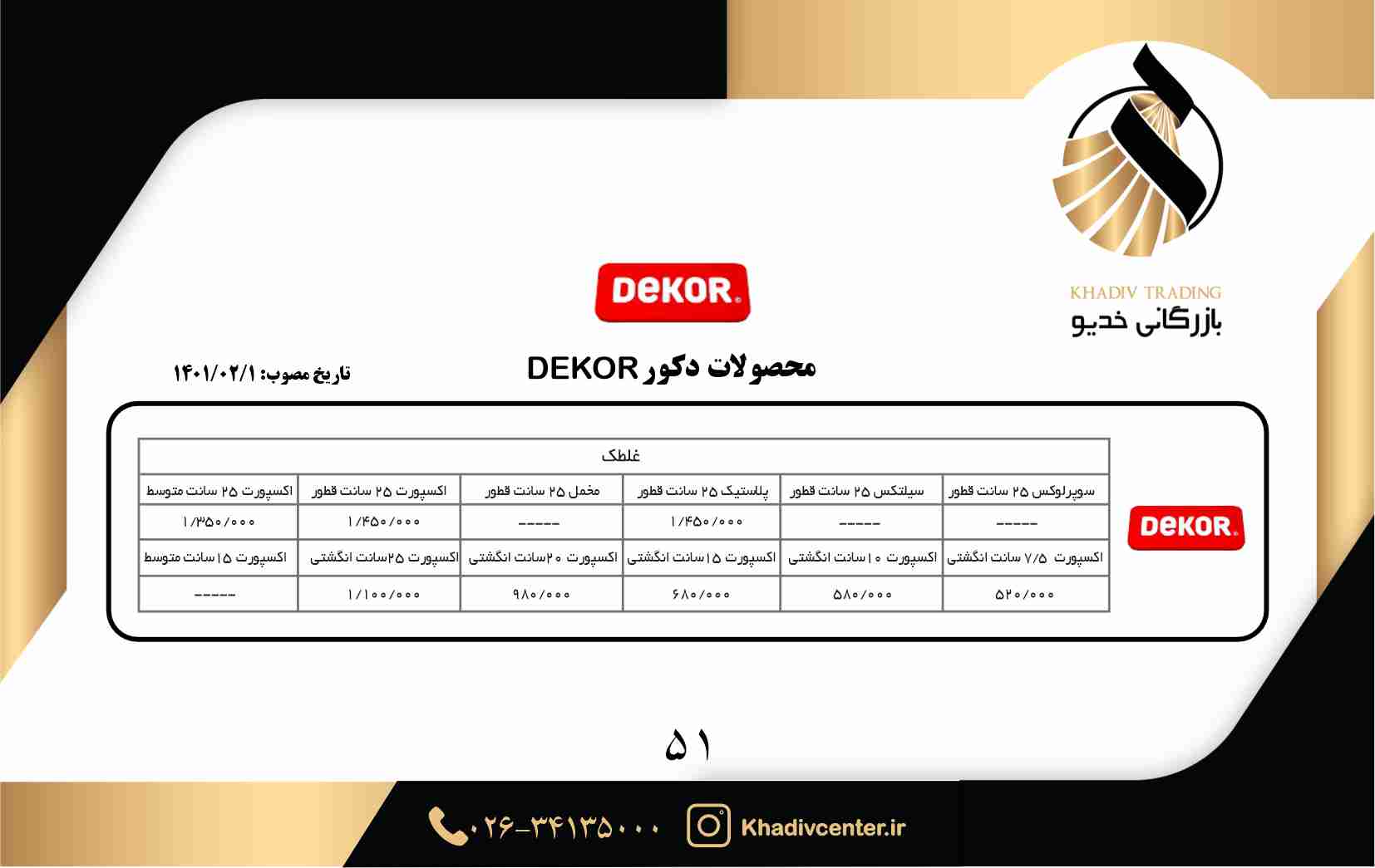 لیست قیمت محصولات دکور