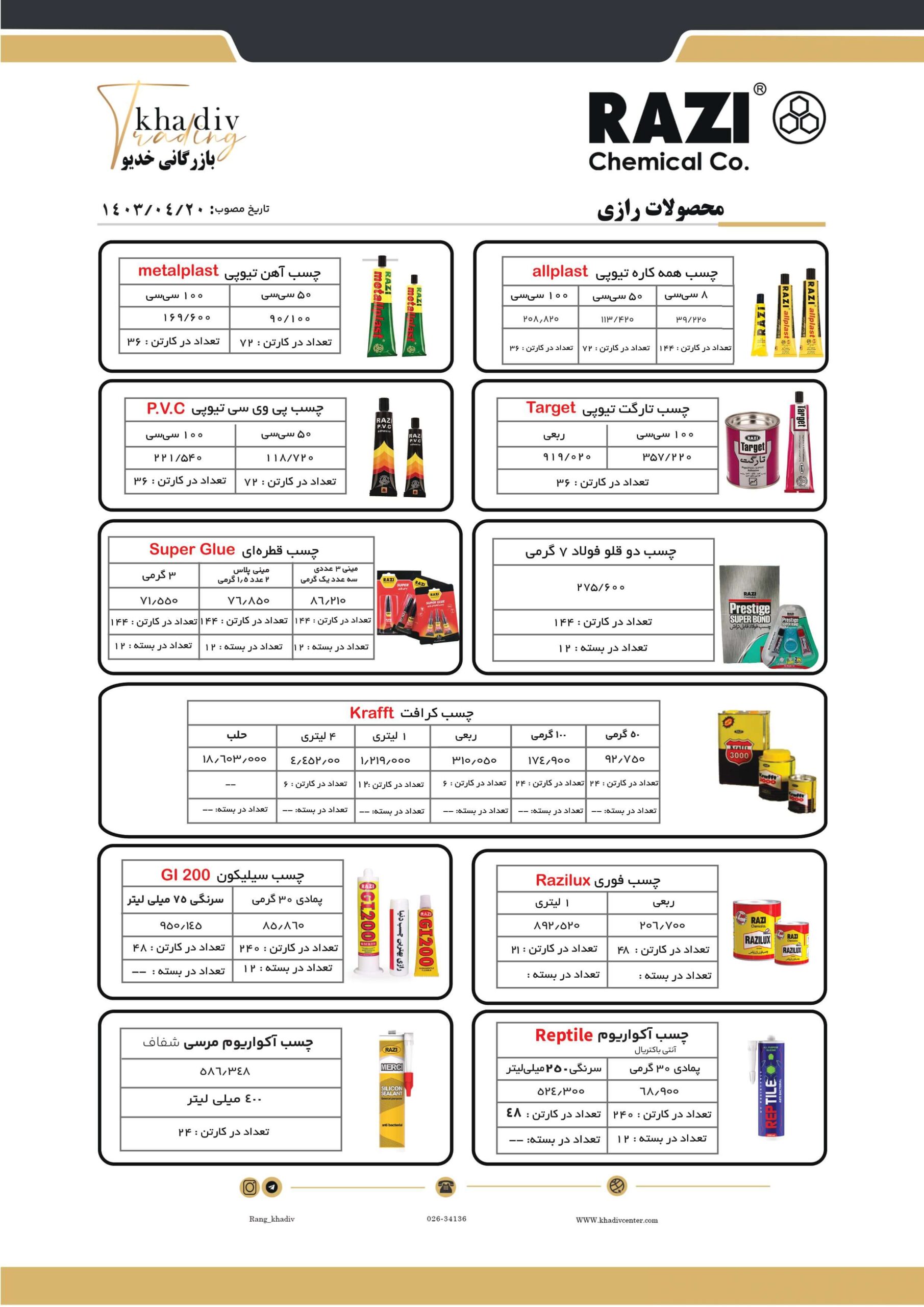لیست قیمت چسب رازی