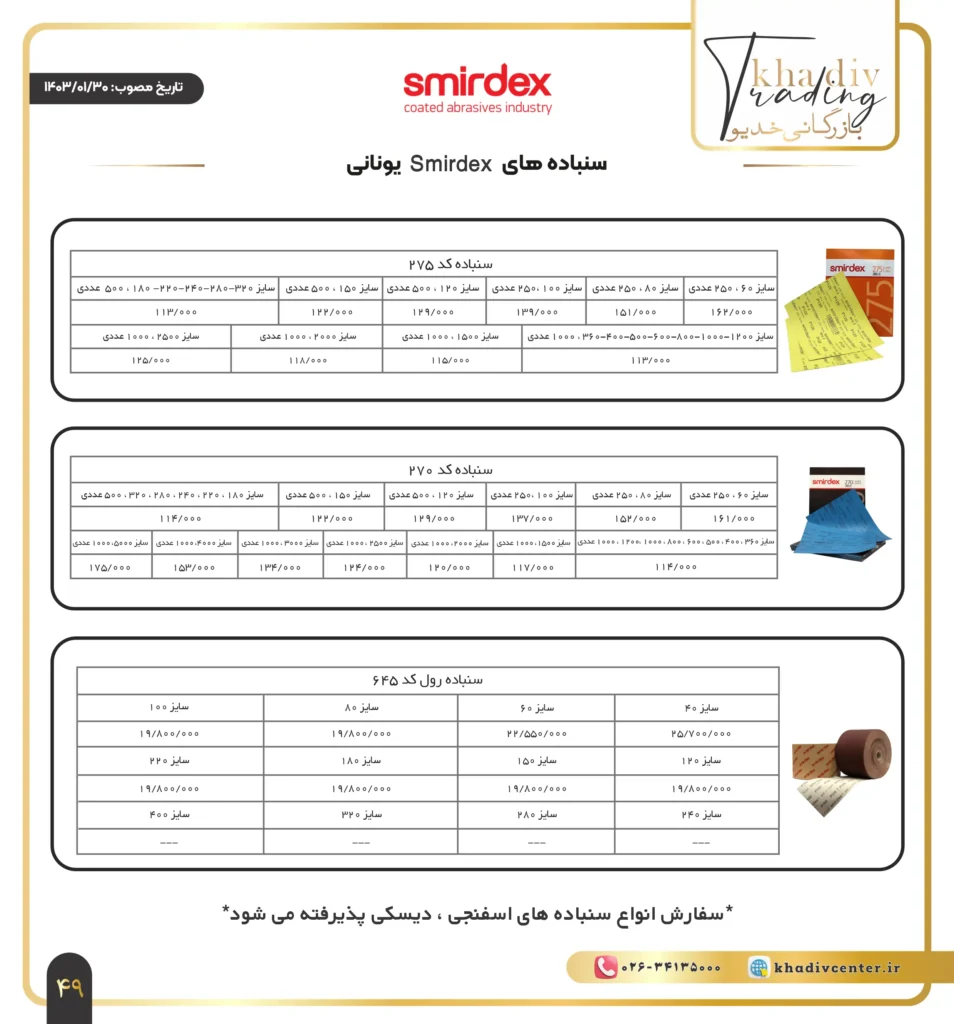 لیست قیمت سنباده اسمیردکس (SMIRDEX) 