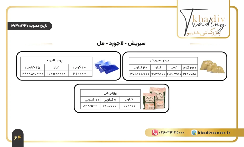 لیست قیمت پودر لاجورد و پودر سیریش و مل
